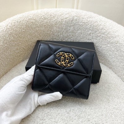 Chanel 19 Compact Trifold Wallet in Black Lambskin and AGHW