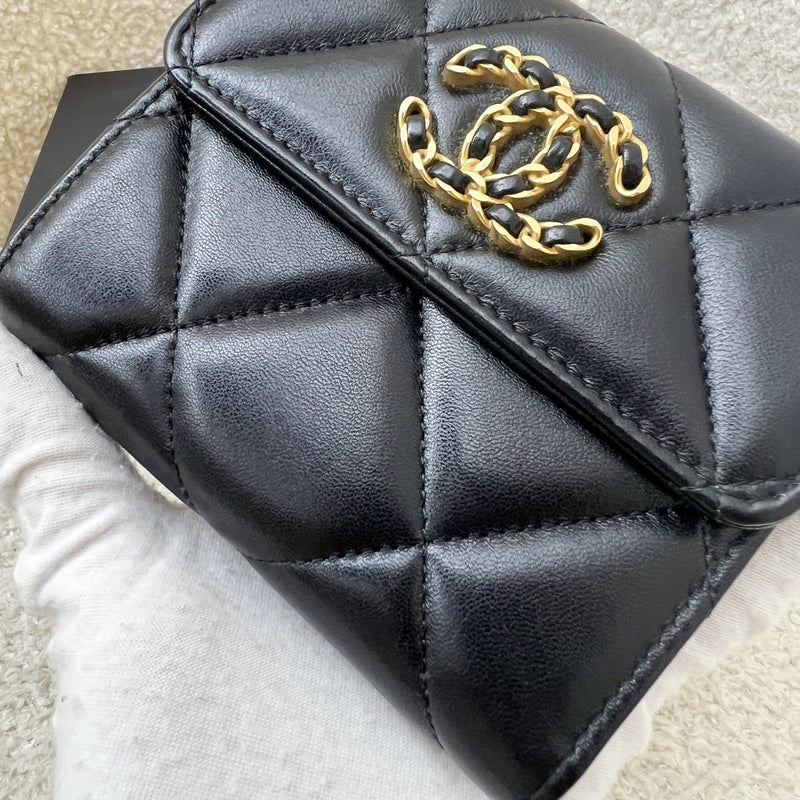 Chanel 19 Compact Trifold Wallet in Black Lambskin and AGHW