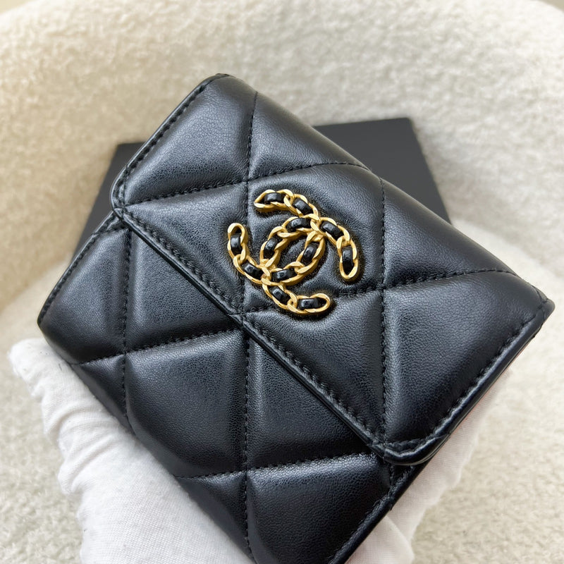 Chanel 19 Compact Trifold Wallet in Black Lambskin and AGHW