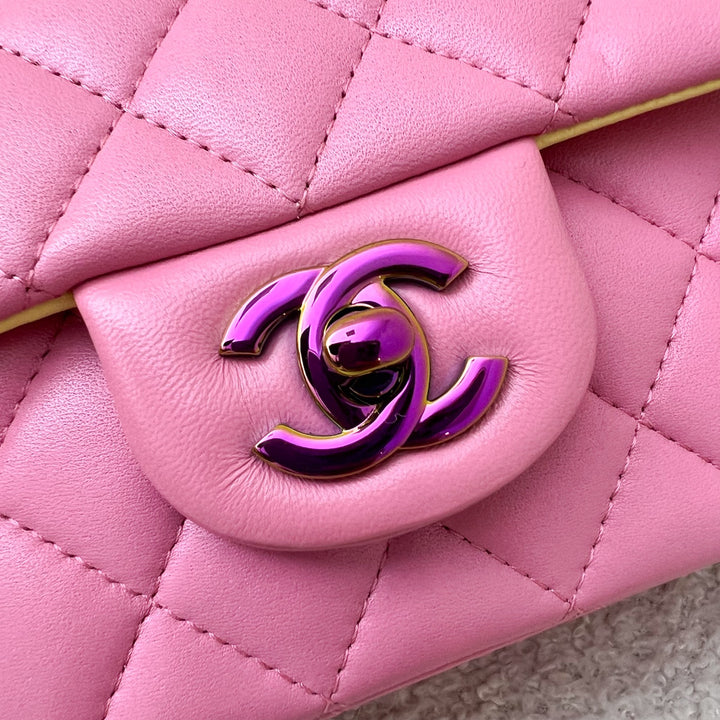 Chanel Classic Mini Rectangle Flap in 21P Pink / Yellow Lambskin