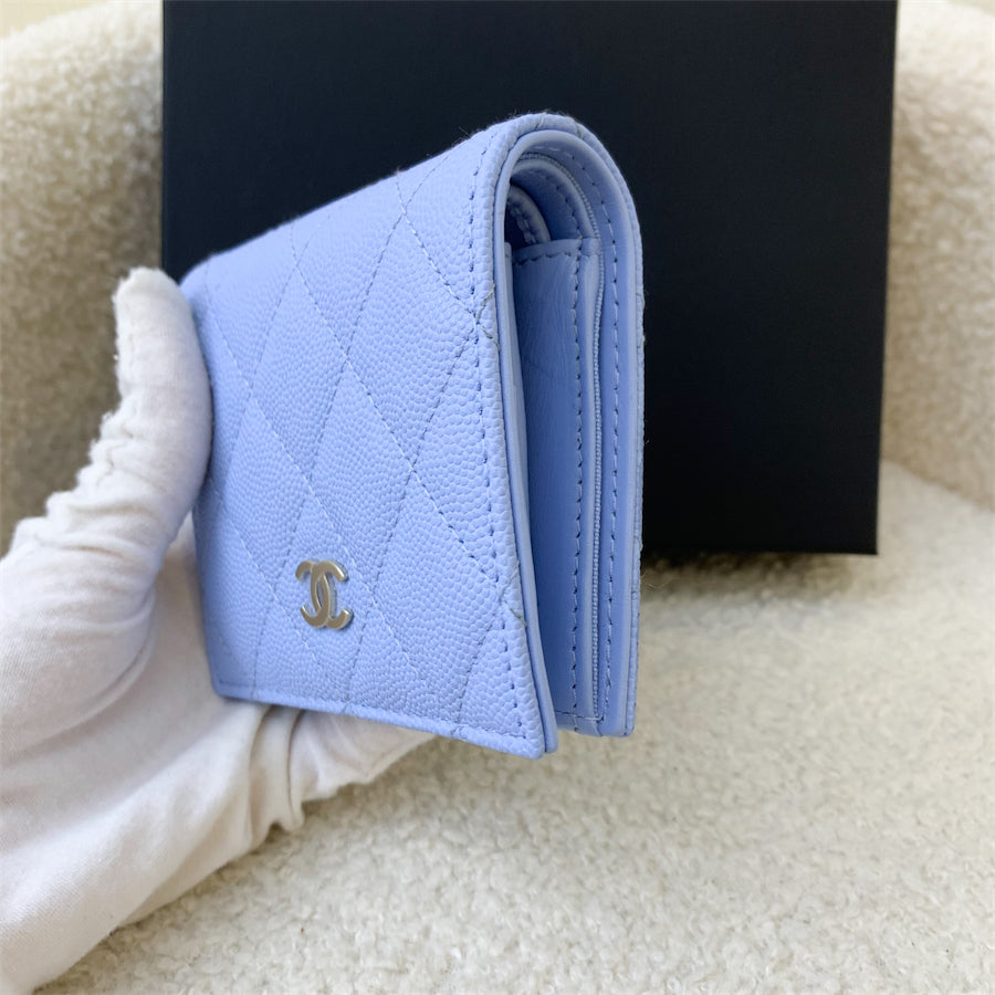 Authentic Chanel Compact Leather Wallet Light Blue shops