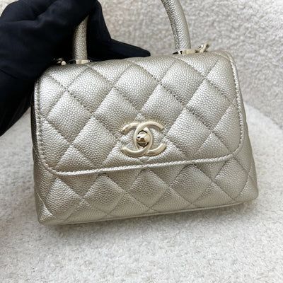 Chanel Micro Coco Handle Flap Bag in 25K Metallic Gold Caviar and LGHW (Model: AP4244)