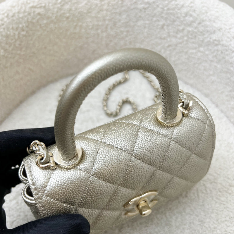 Chanel Micro Coco Handle Flap Bag in 25K Metallic Gold Caviar and LGHW (Model: AP4244)