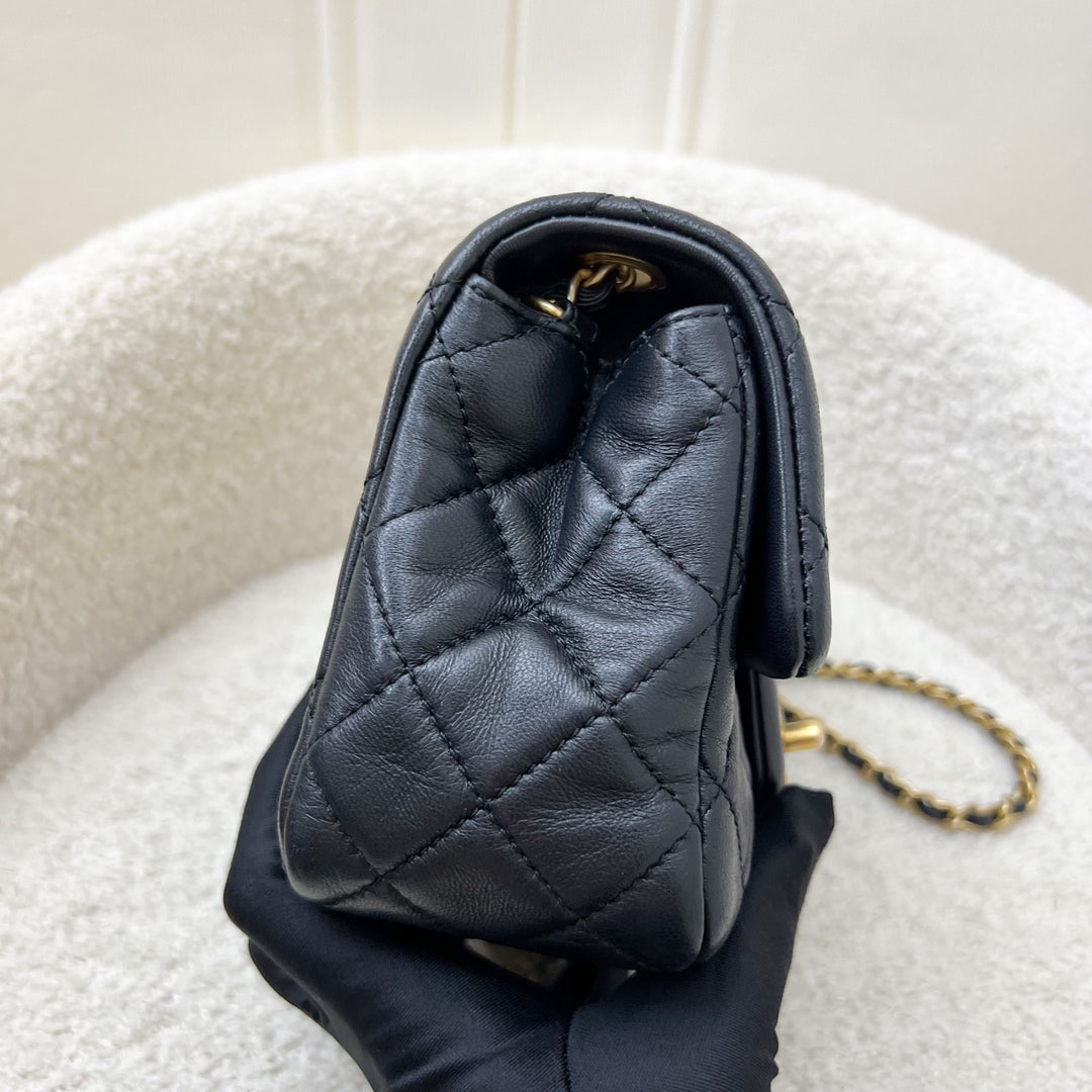 Chanel 22S Pearl Crush Square Mini Flap in Black Lambskin and AGHW