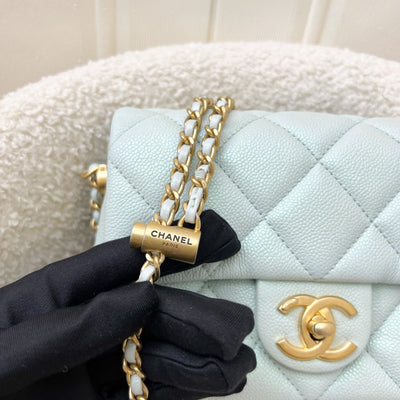 Chanel 21K Perfect Mini Flap Bag with Adjustable Chain in Iridescent Mint Caviar and AGHW (Model: AS2855)