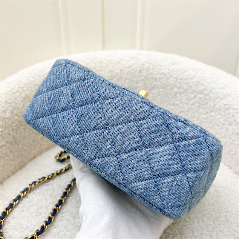 Chanel 22C Pearl Crush Mini Square Flap in Denim Fabric and AGHW
