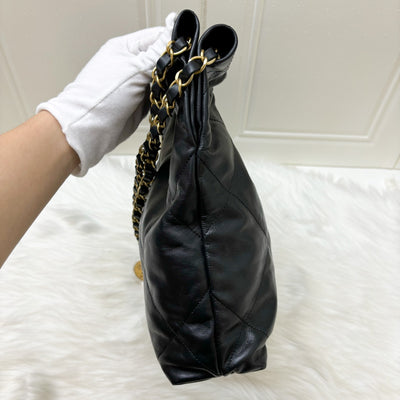 Chanel 22 Small Hobo Bag with White Logo in Black Calfskin and GHW