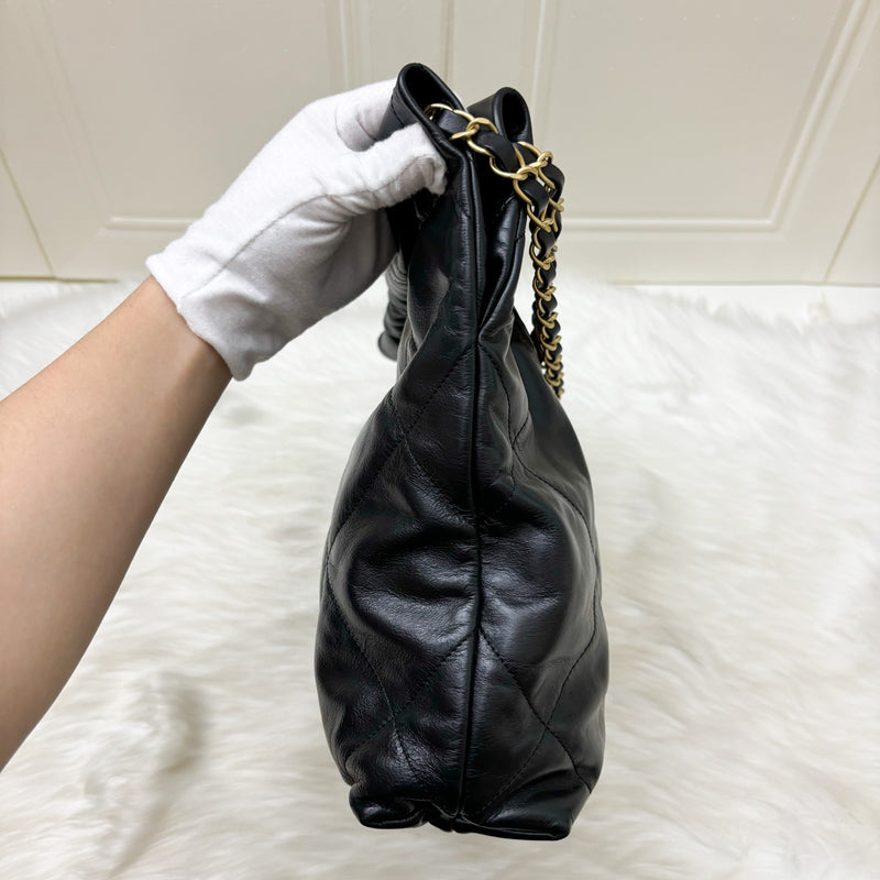 Chanel 22 Small Hobo Bag with White Logo in Black Calfskin and GHW