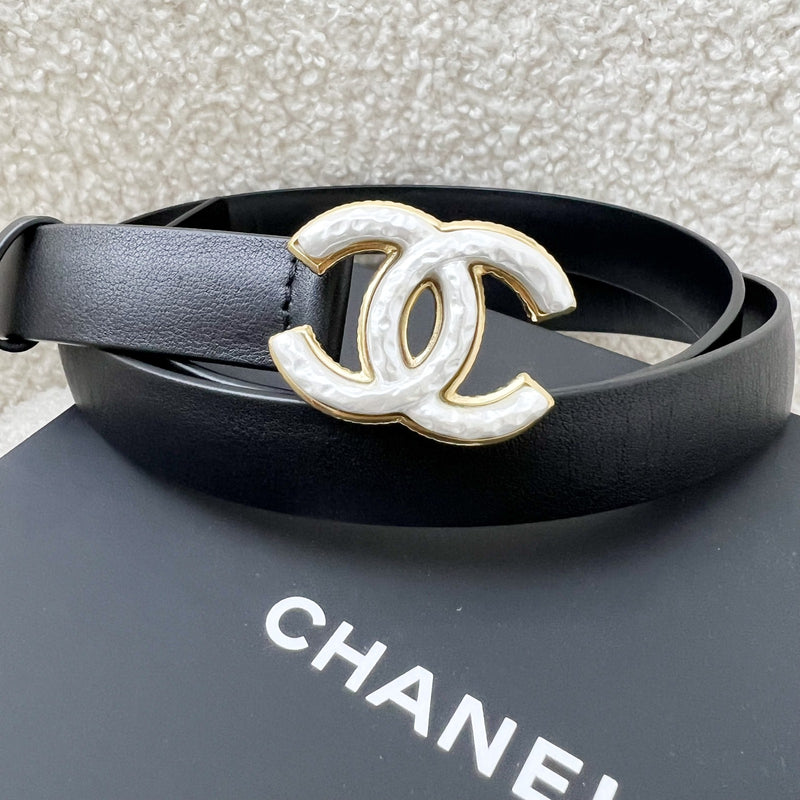 Chanel White Enamel CC Logo Belt in Black Calfskin and GHW Sz 90