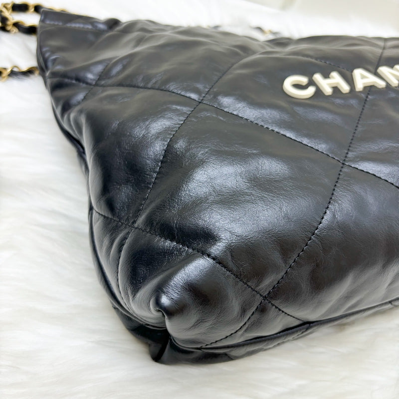 Chanel 22 Small Hobo Bag with White Logo in Black Calfskin and GHW