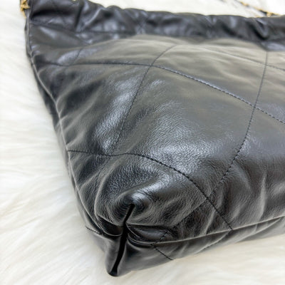 Chanel 22 Small Hobo Bag with White Logo in Black Calfskin and GHW