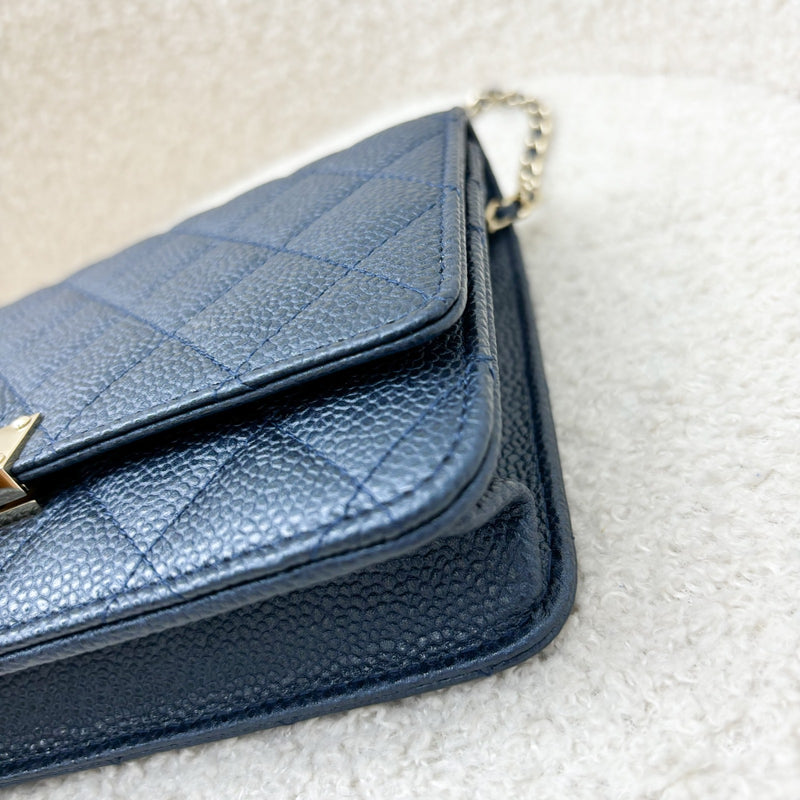 Chanel Golden Class Wallet On Chain WOC in Iridescent Blue Caviar and GHW