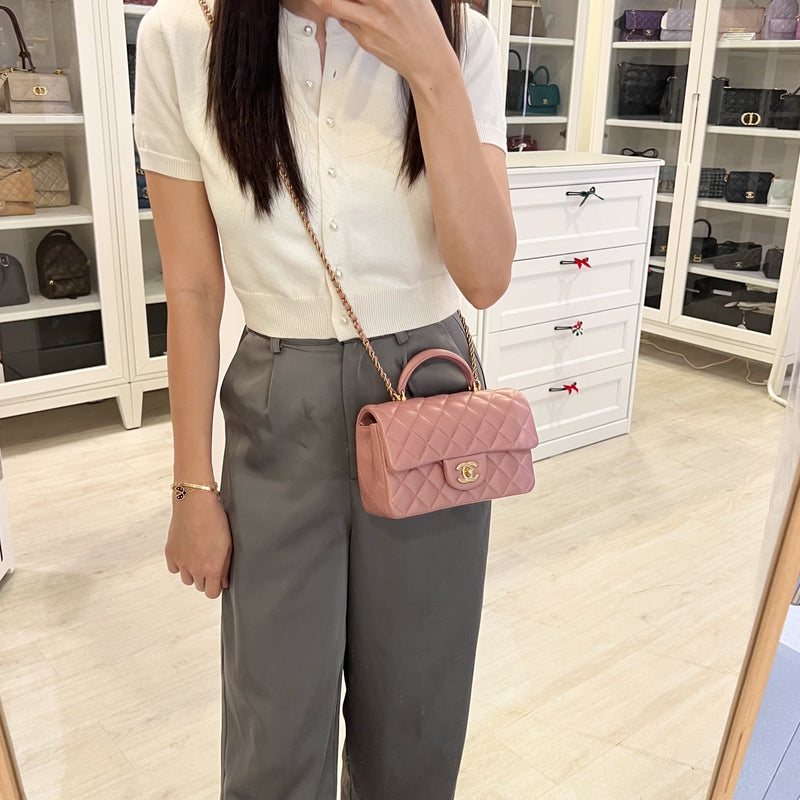 Chanel Top Handle Mini Rectangle Flap in Pink Lambskin AGHW