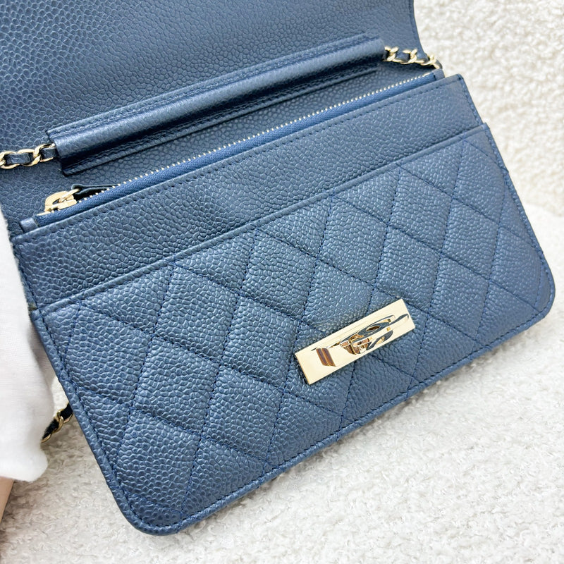 Chanel Golden Class Wallet On Chain WOC in Iridescent Blue Caviar and GHW