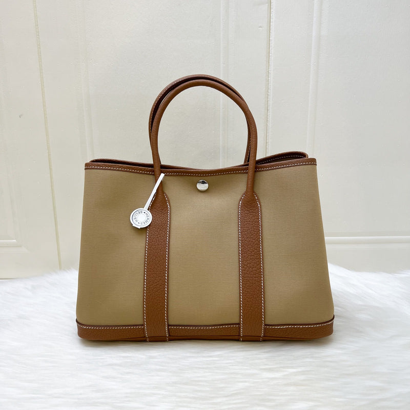 Hermes Garden Party 30 in Trench Toile Officier Canvas, Gold Negonda Leather and PHW