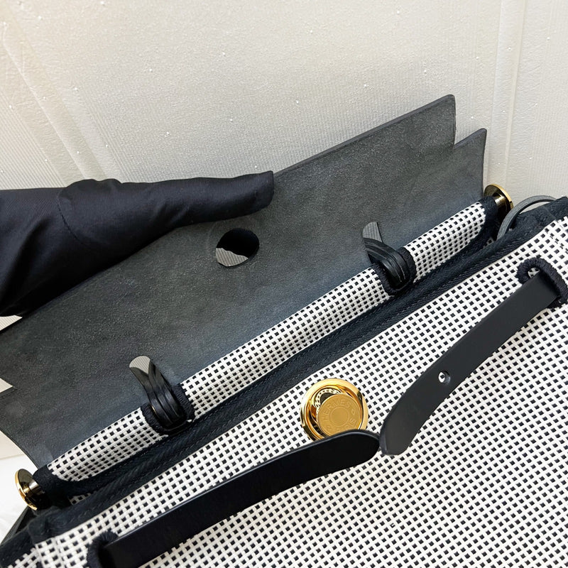 Hermes Herbag Zip 31 in Ecru-Blanc-Noir Toile Quadrille Viking Canvas, Noir Vache Hunter Leather and GHW