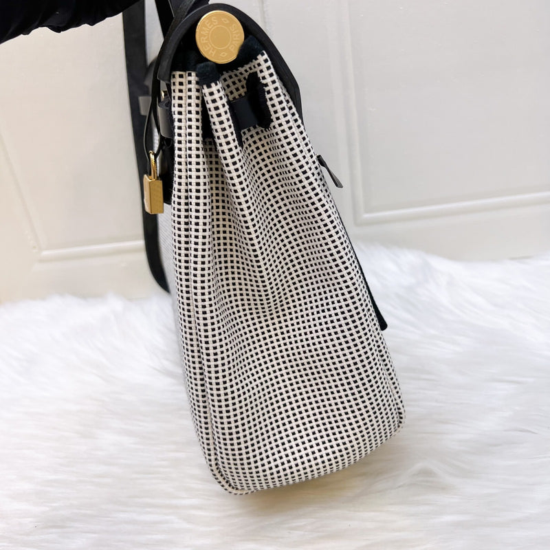 Hermes Herbag Zip 31 in Ecru-Blanc-Noir Toile Quadrille Viking Canvas, Noir Vache Hunter Leather and GHW