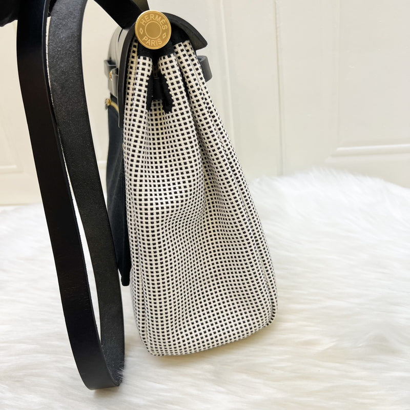 Hermes Herbag Zip 31 in Ecru-Blanc-Noir Toile Quadrille Viking Canvas, Noir Vache Hunter Leather and GHW