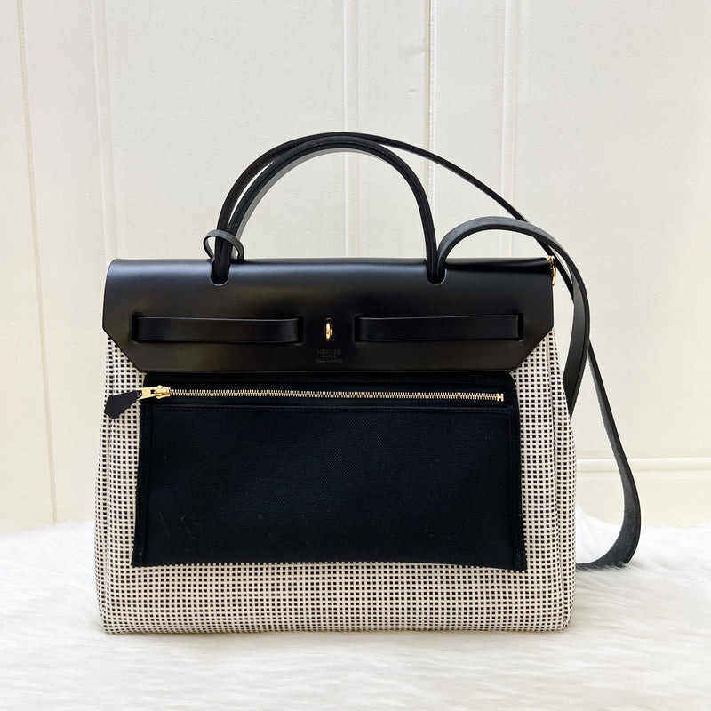 Hermes Herbag Zip 31 in Ecru-Blanc-Noir Toile Quadrille Viking Canvas, Noir Vache Hunter Leather and GHW