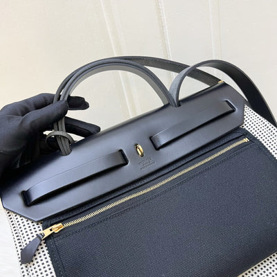 Hermes Herbag Zip 31 in Ecru-Blanc-Noir Toile Quadrille Viking Canvas, Noir Vache Hunter Leather and GHW