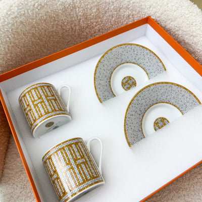 Hermes Mosaique Au 24 Platinum Coffee Cup and Saucer x 2 Sets