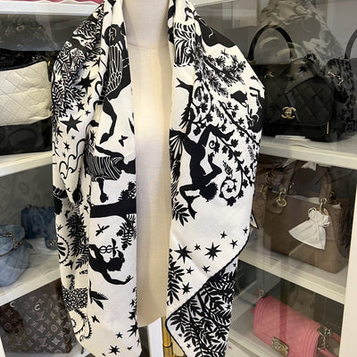 Hermes 140cm Sous Le Charme d'Orphee Scarf / Shawl in Black and White Cashmere + Silk