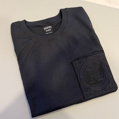 Hermes Embroidered Pocket T-Shirt in Black 100% Cotton Sz 36