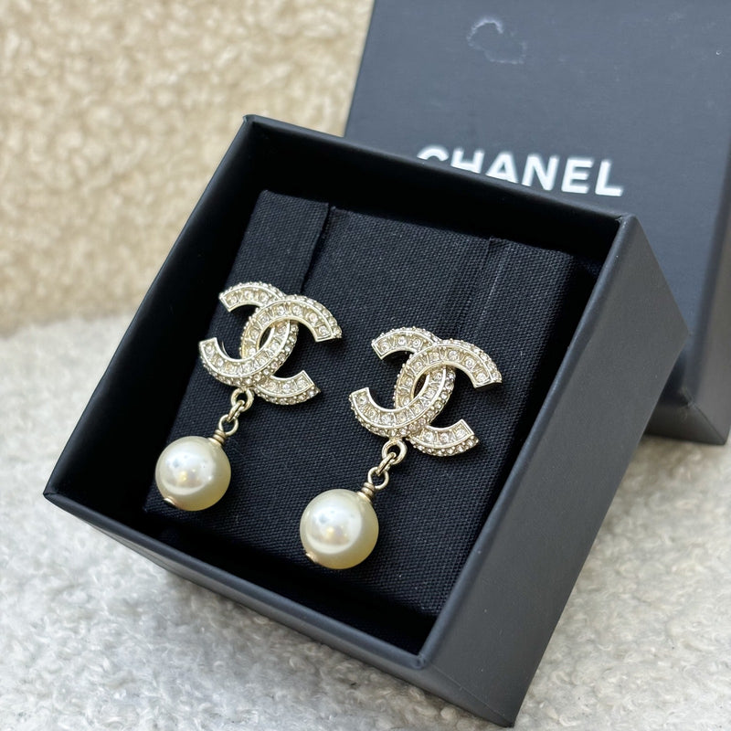 Chanel CC Logo Dangling Earrings with Crystals and Pearls LGHW