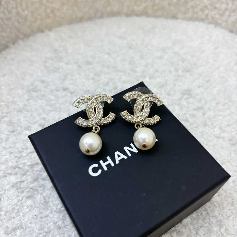 Chanel CC Logo Dangling Earrings with Crystals and Pearls LGHW