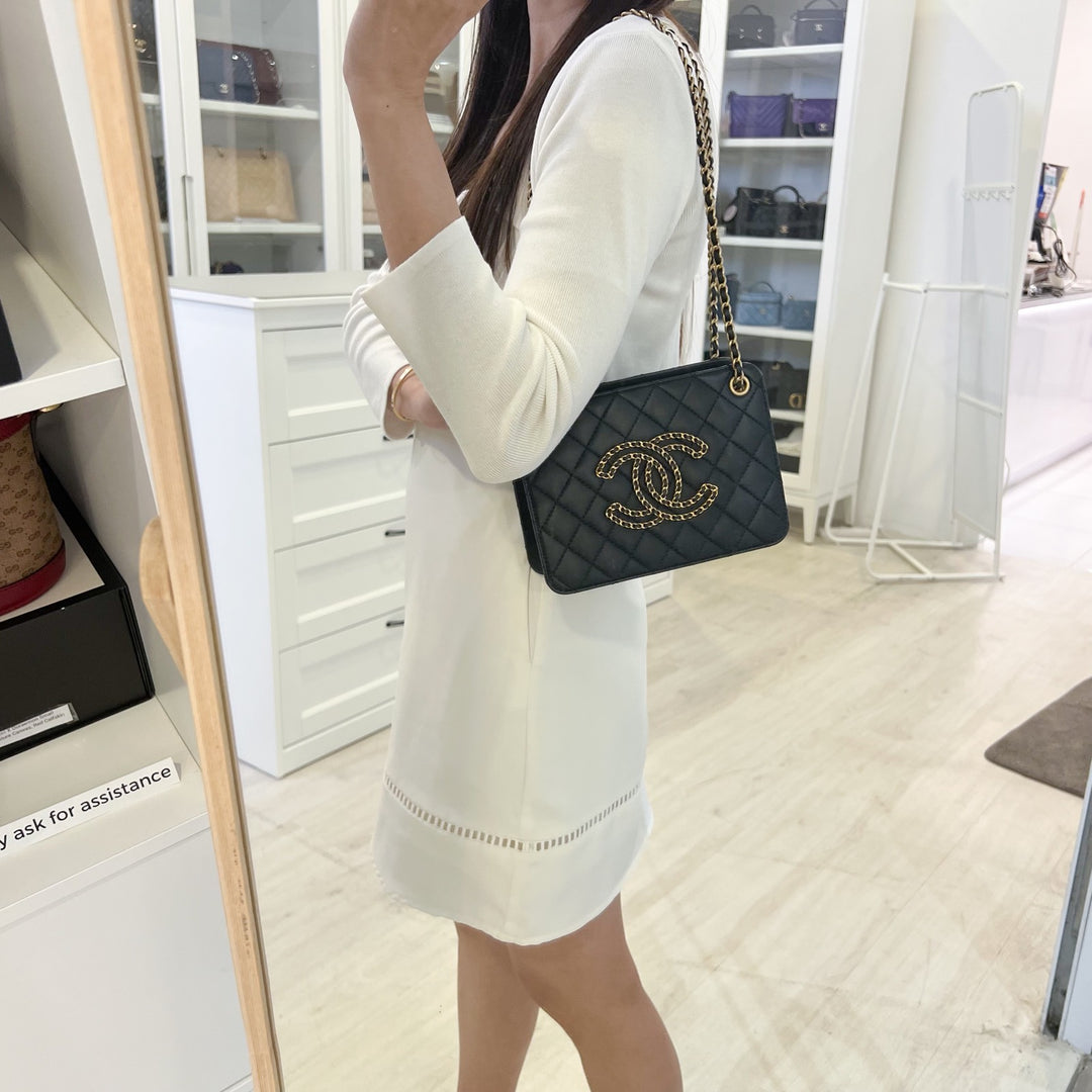 Chanel Mini Accordion Tote in Black Lambskin and AGHW (Model