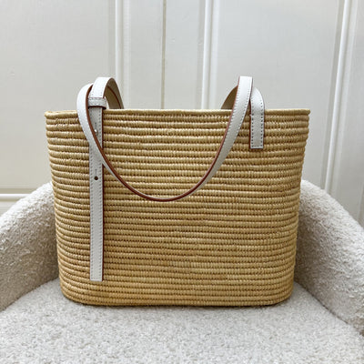 Loewe Small Anagram Square Tote Bag in Beige Raffia and White Leather