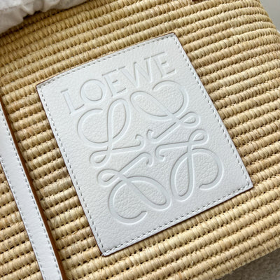 Loewe Small Anagram Square Tote Bag in Beige Raffia and White Leather