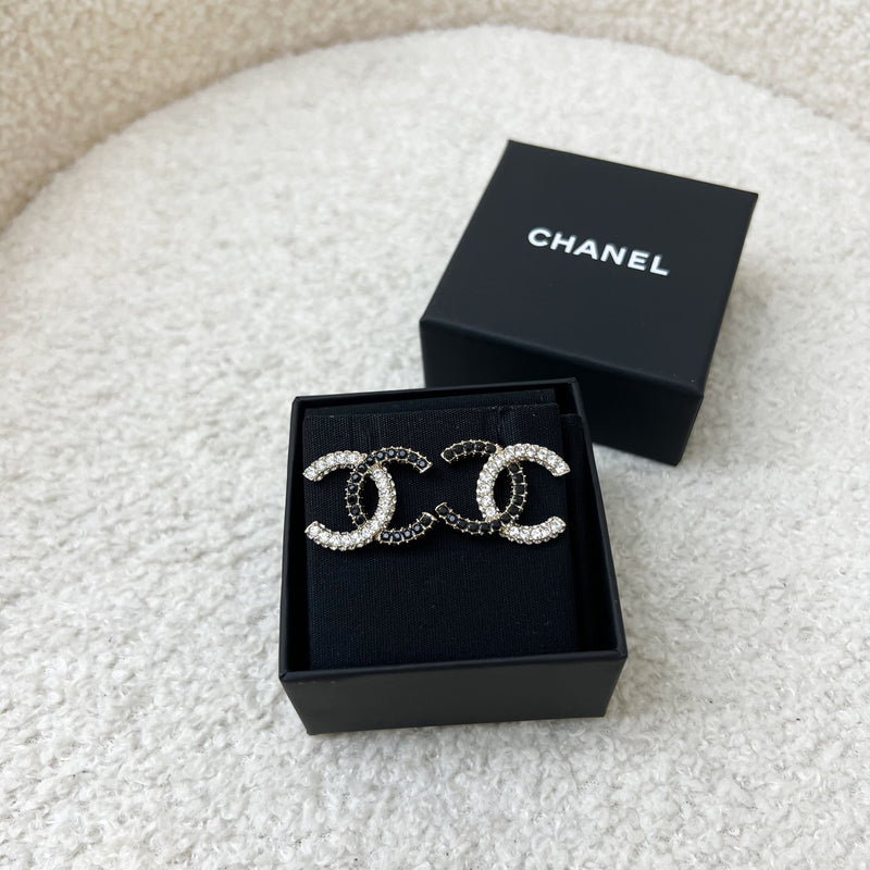 Chanel 23K CC Logo Earrings Black and White Rhinestones in GHW