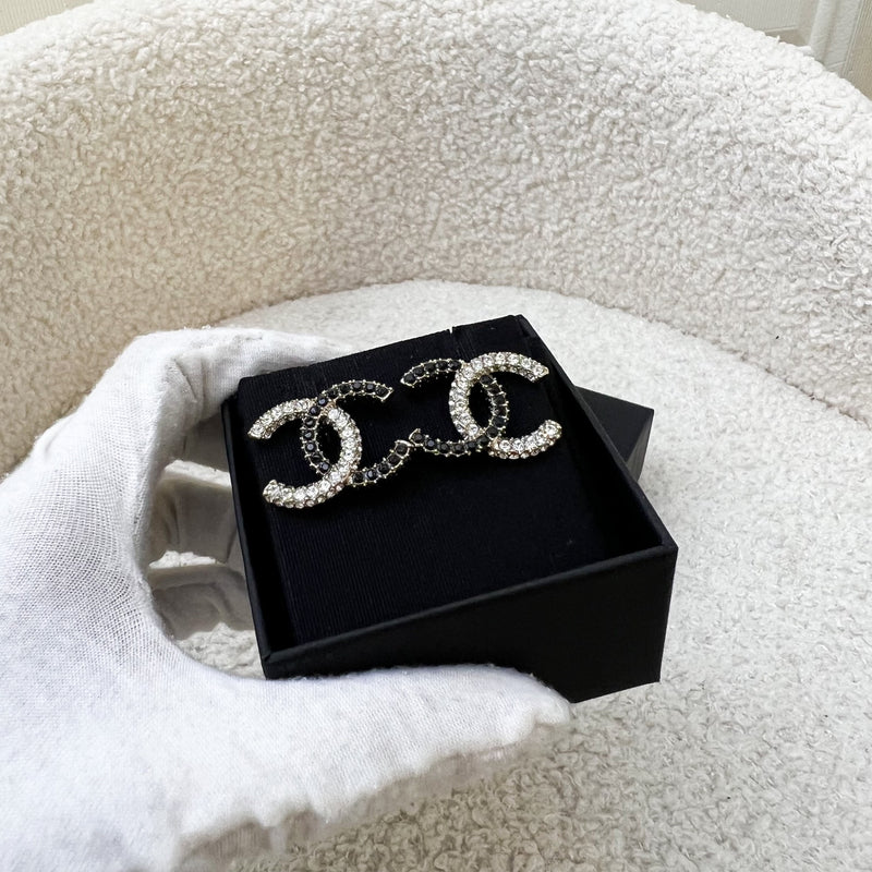 Chanel 23K CC Logo Earrings Black and White Rhinestones in GHW