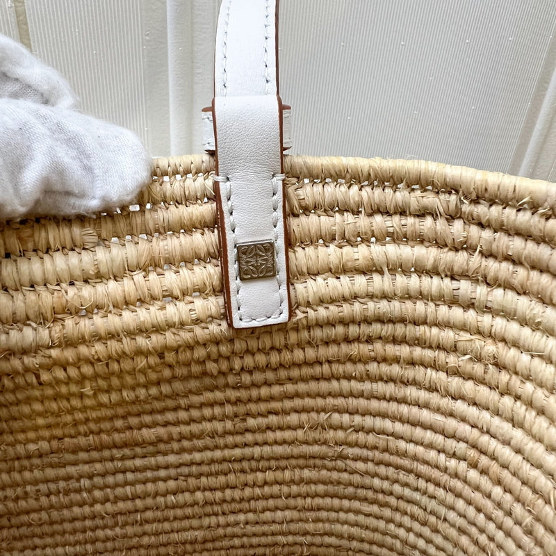 Loewe Small Anagram Square Tote Bag in Beige Raffia and White Leather