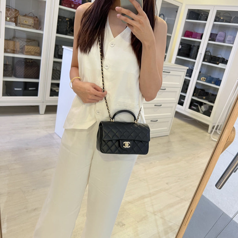 Chanel Classic Top Handle Mini Rectangle Flap in Black Lambskin and LGHW (Model: AS2431)