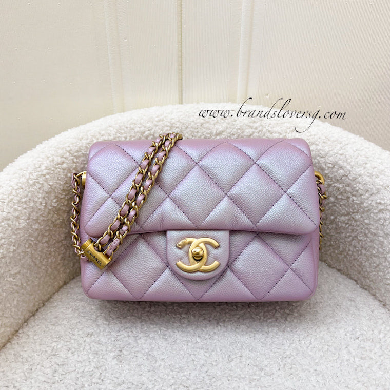 Chanel 21K Perfect Mini Square Adjustable Chain Flap in Iridescent Pink Caviar and AGHW