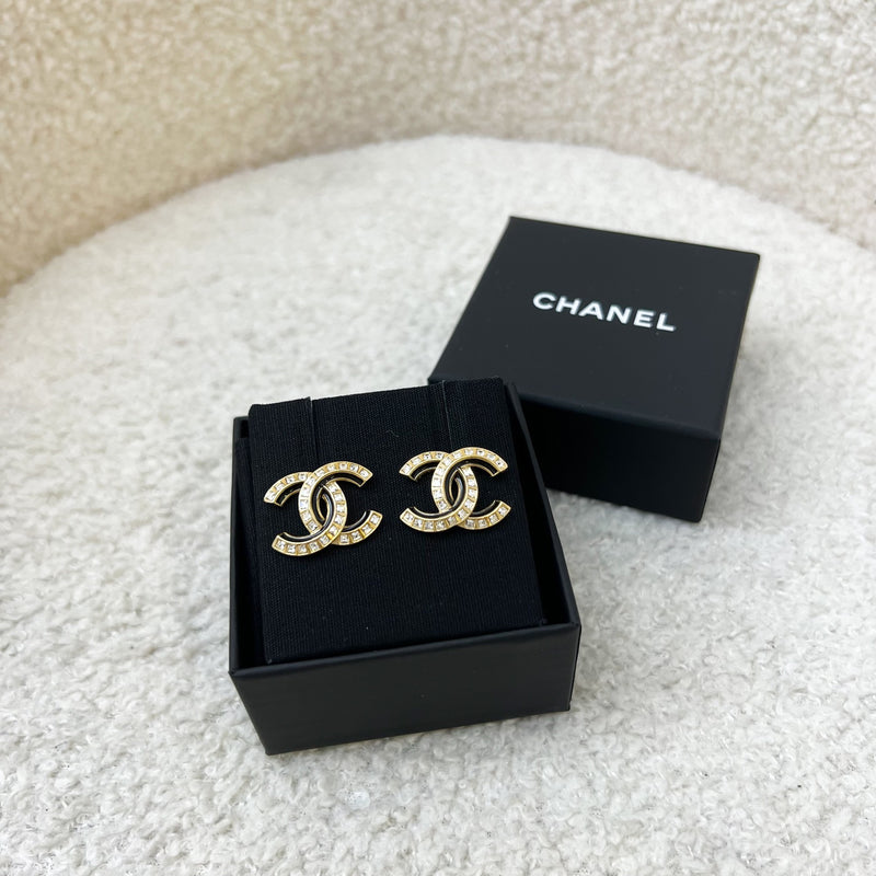 Chanel CC Logo Earrings with Crystals / Black Enamel in GHW