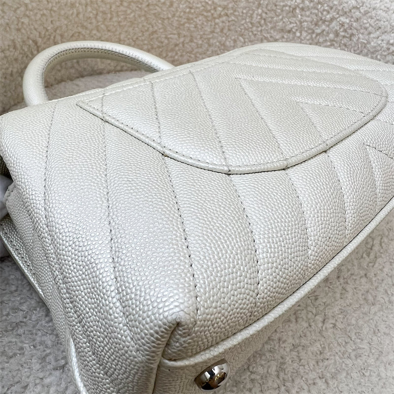 Chanel Small 24cm Coco Handle in Chevron Quilted Pearly White Caviar and SHW