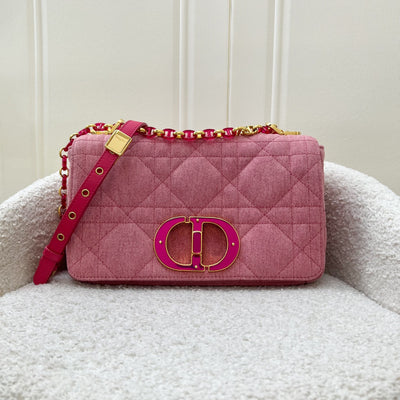 Dior Medium Caro Flap in Bright Pink Macrocannage Denim, Fluorescent Pink Transparent Resin 'CD' Twist Clasp