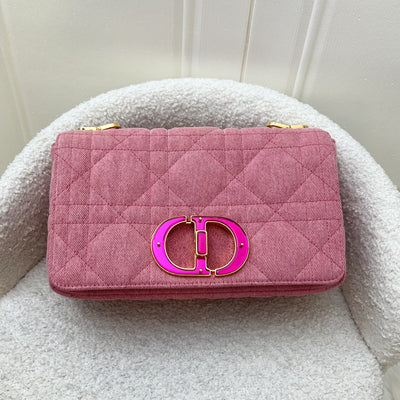 Dior Medium Caro Flap in Bright Pink Macrocannage Denim, Fluorescent Pink Transparent Resin 'CD' Twist Clasp