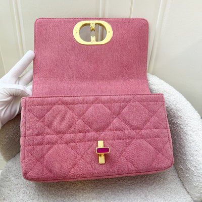 Dior Medium Caro Flap in Bright Pink Macrocannage Denim, Fluorescent Pink Transparent Resin 'CD' Twist Clasp