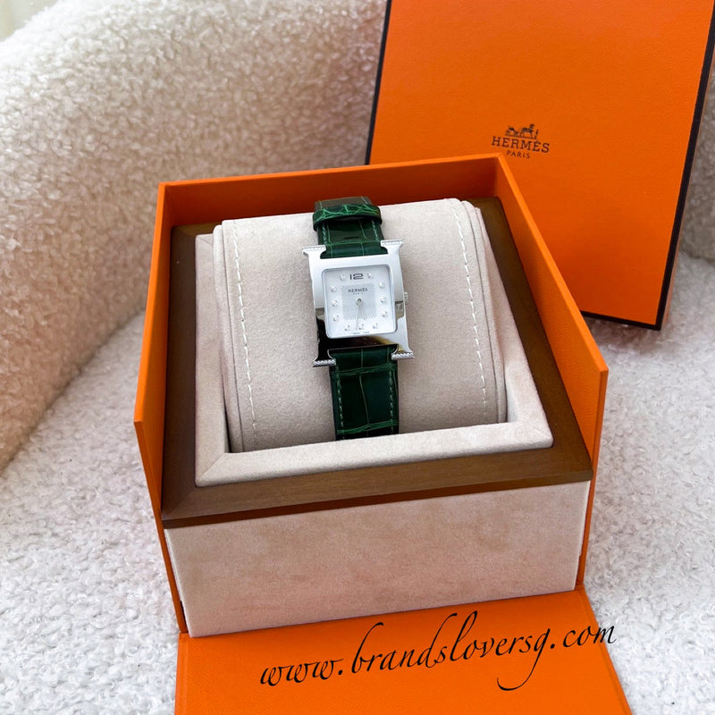 Hermes Heure H MM 30mm Watch with Diamond Bezel and Markers and Green Alligator Strap