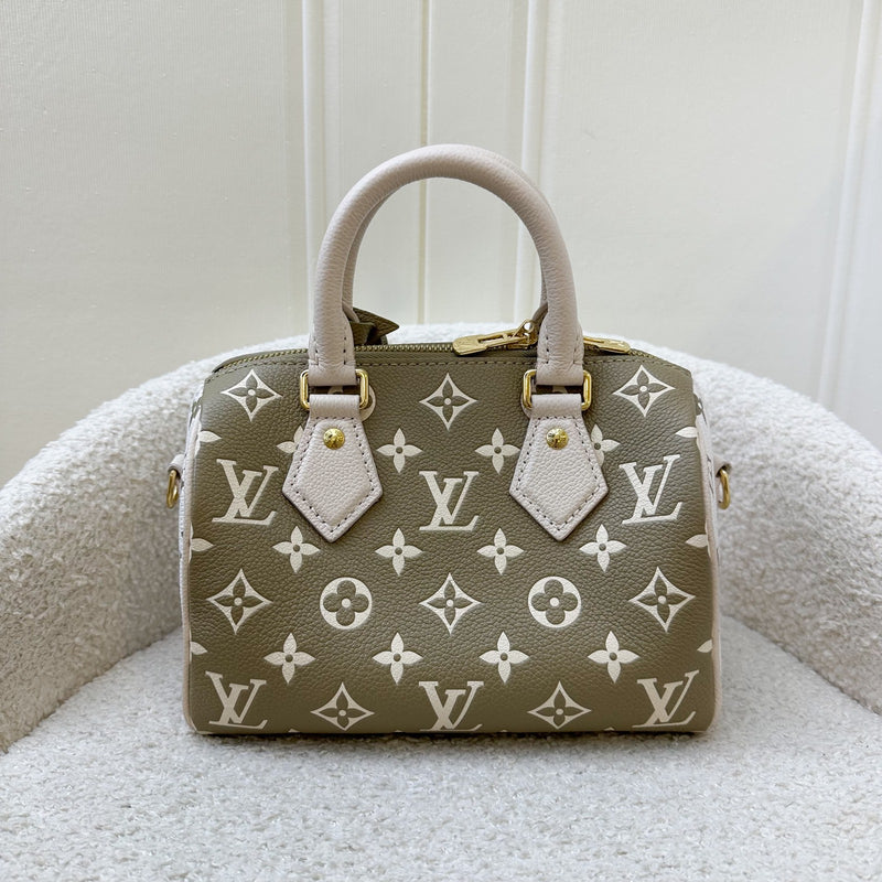 LV Limited Edition Spring in the City Speedy Bandouliere 20 in Khaki and Beige Monogram Empreinte Leather GHW (Model: M46118)