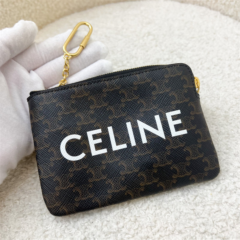 Celine Triomphe Coin and Card Pouch with Hook in Canvas Black and GHW