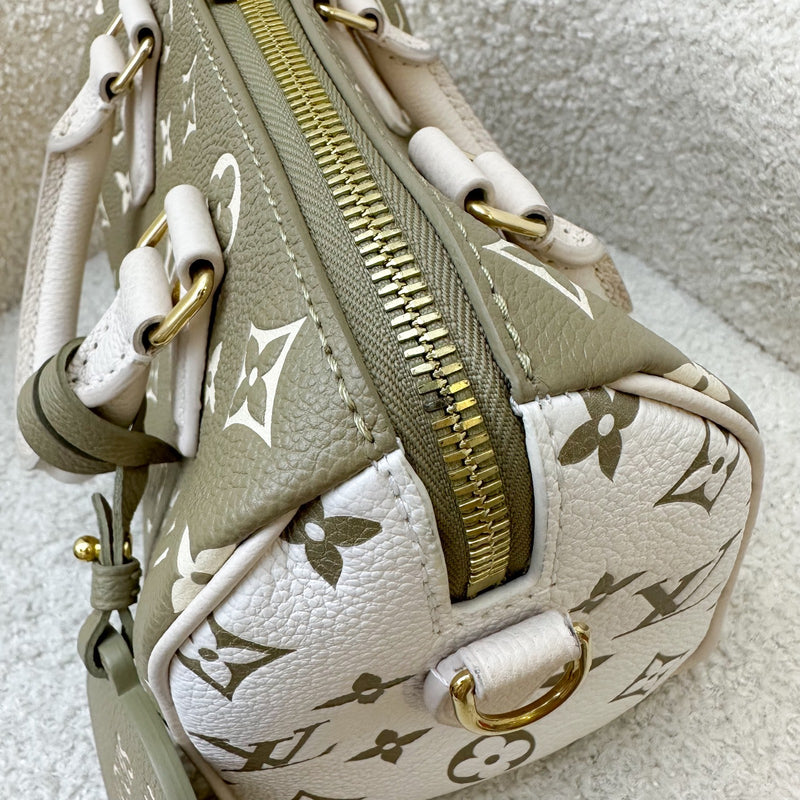 LV Limited Edition Spring in the City Speedy Bandouliere 20 in Khaki and Beige Monogram Empreinte Leather GHW (Model: M46118)