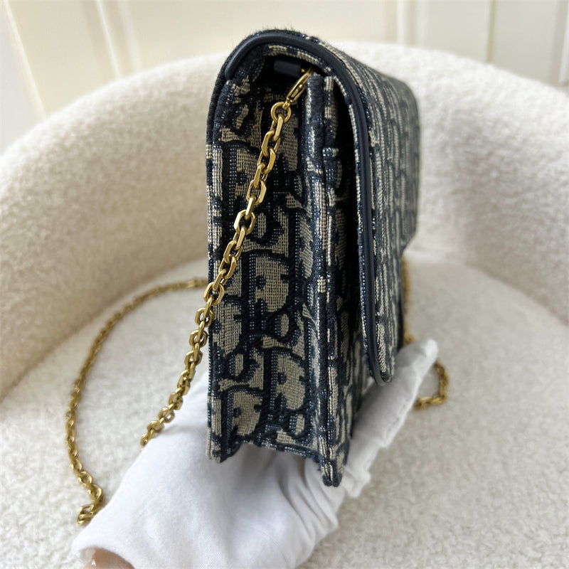 Dior Saddle Wallet on Chain WOC in Blue Oblique Jacquard Canvas and AGHW