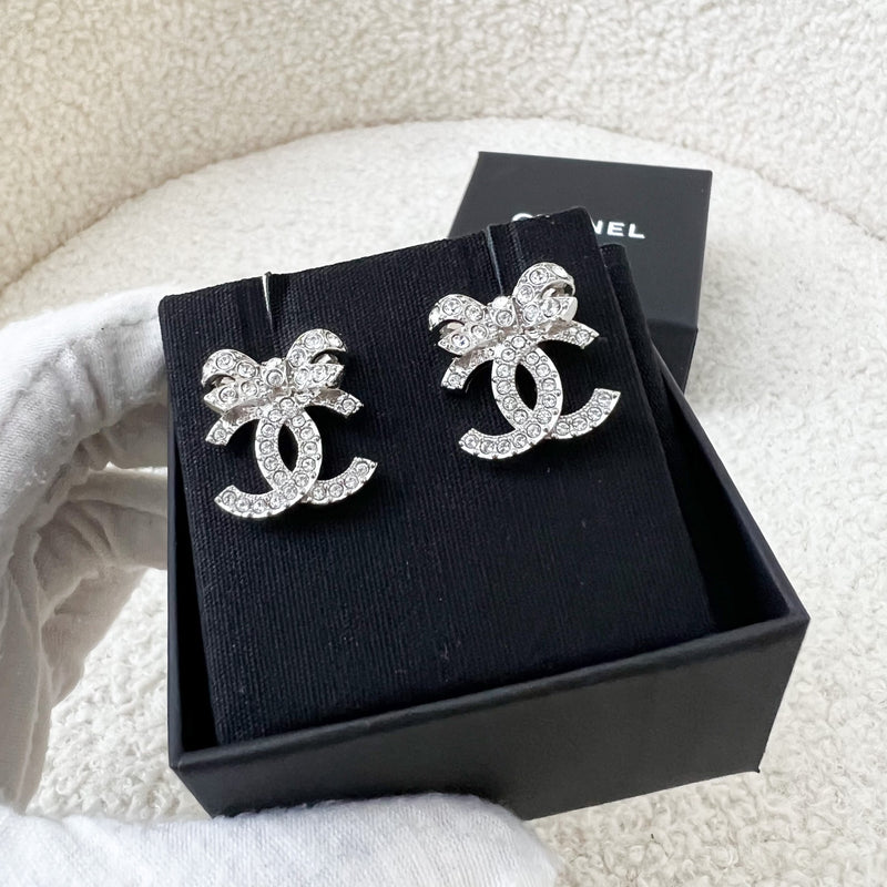 Chanel 22B Ribbon Earrings with Crystals and in SHW