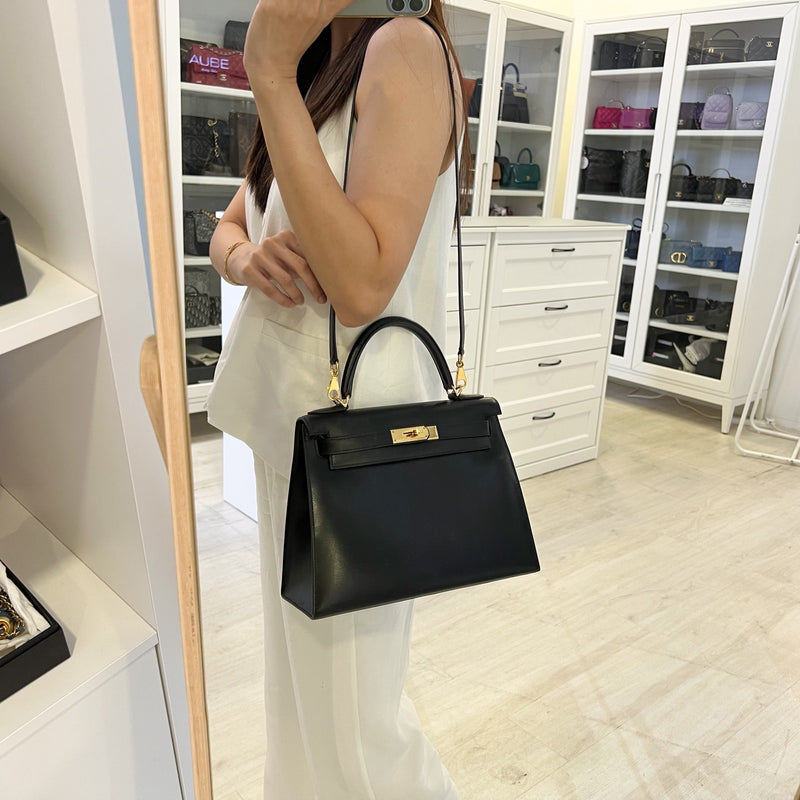 Hermes Vintage Kelly 28 Sellier in Black Noir Box Leather and GHW
