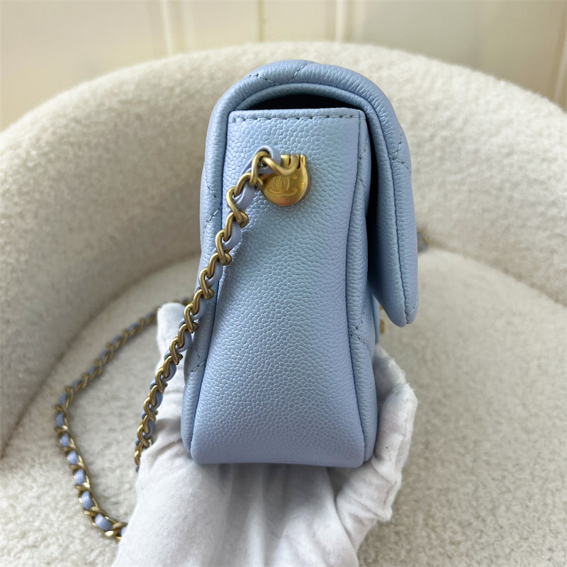 Chanel 21K Perfect Mini Square Adjustable Chain Flap in Iridescent Light Blue Caviar and AGHW